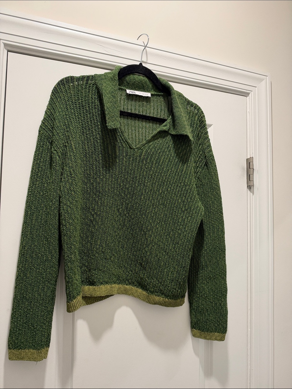 Zara Olive Green Collared V-Neck Sweater